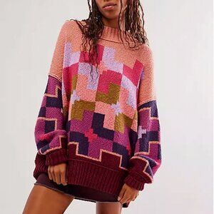 NEW Free People Rhodes Tunic Sweater Spiced Rose Combo Oversized Slouchy